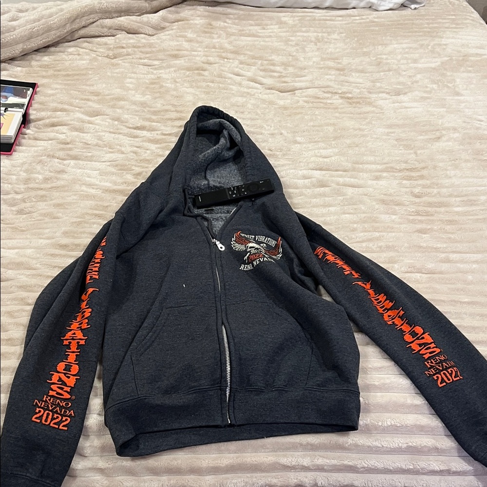 Gray Zip-Up Hoodie with Orange Graphics